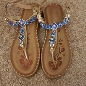 Elegant Blue and Gold Bejeweled Sandals